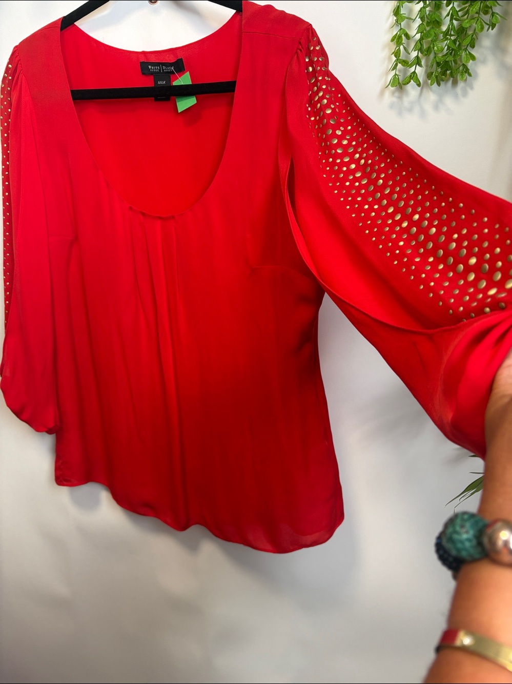 White House Black Market Vibrant Red Blouse with Studded Sleeves SILK